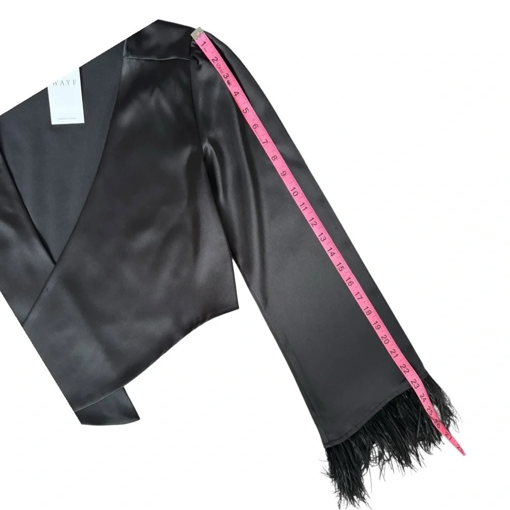 ✨ WAYF Black Satin Feather Cuff Bolero Jacket – Size L (NWT) ✨ - Picture 5 of 7
